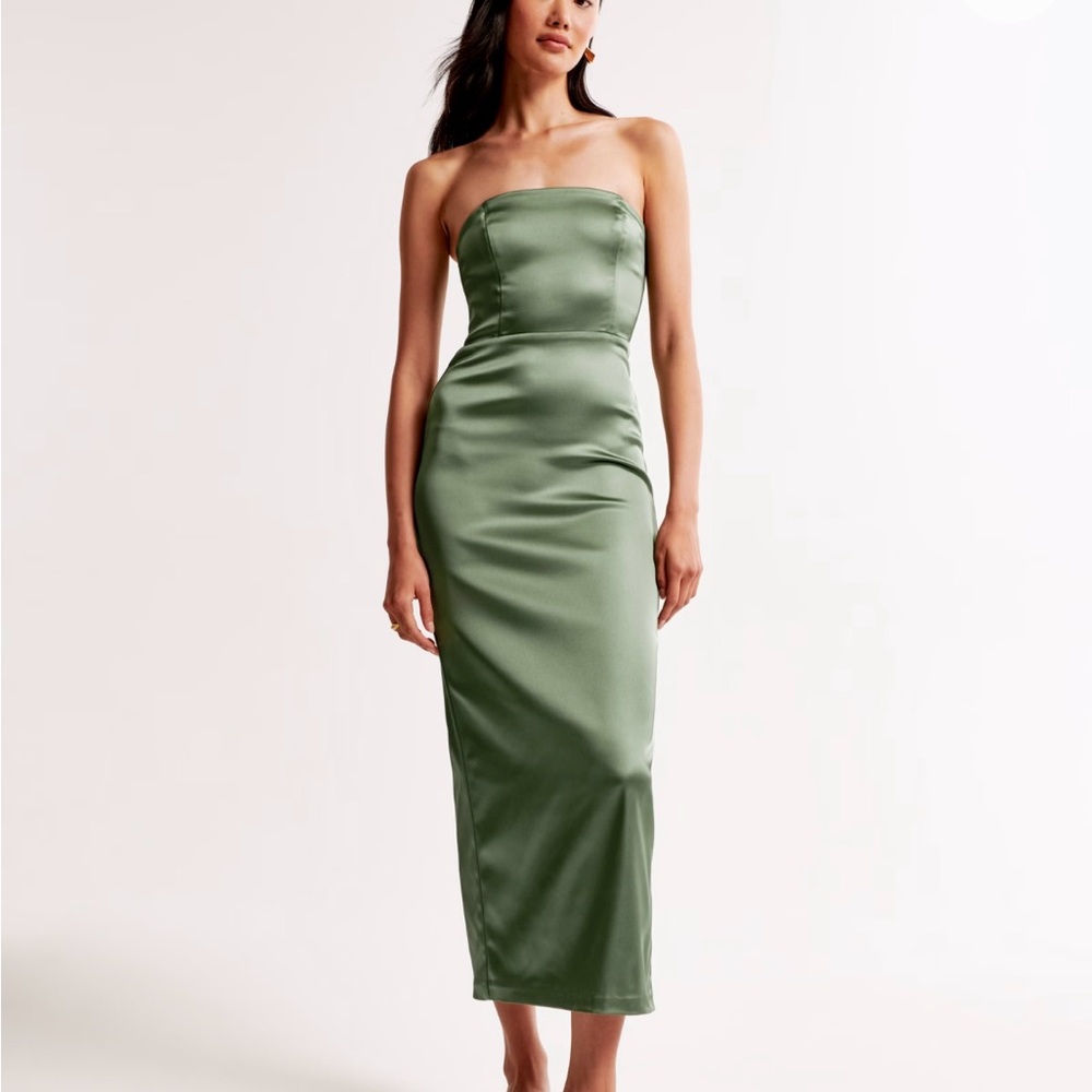 Abercrombie & Fitch Strapless Satin Midi Dress in Sage Green